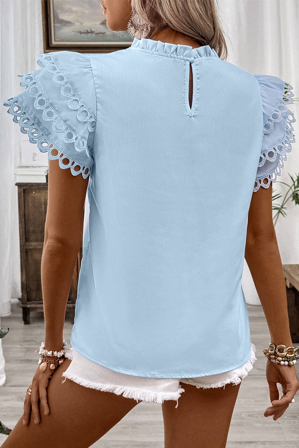 Layered Ric Rac Cap Sleeve Frilled Neck Blouse