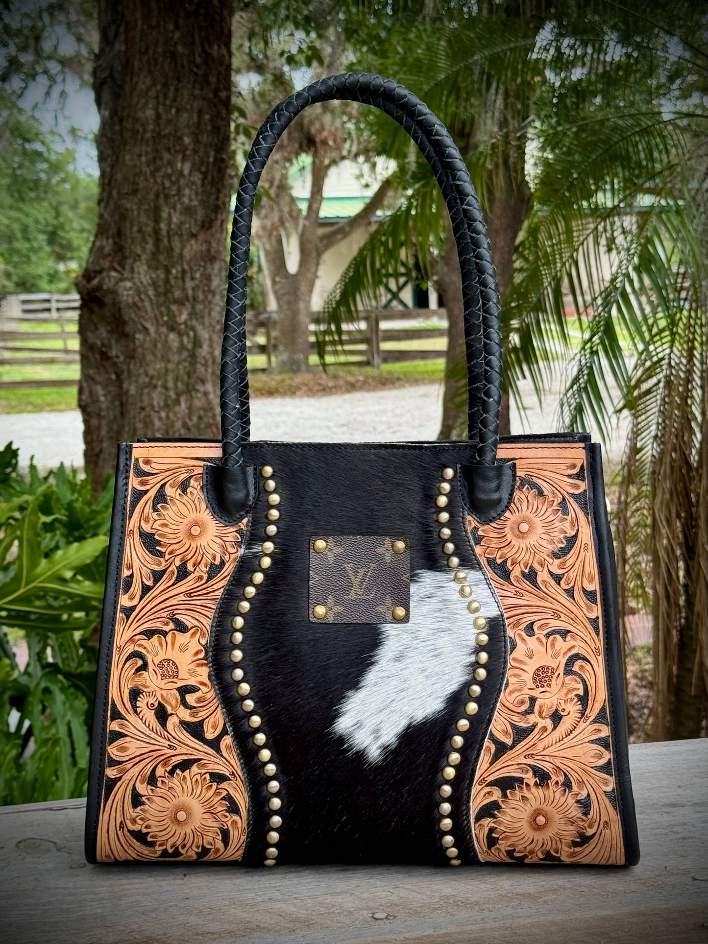 Upcycled Cowhide Tooled Leather Crossbody Shoulder Bag LV