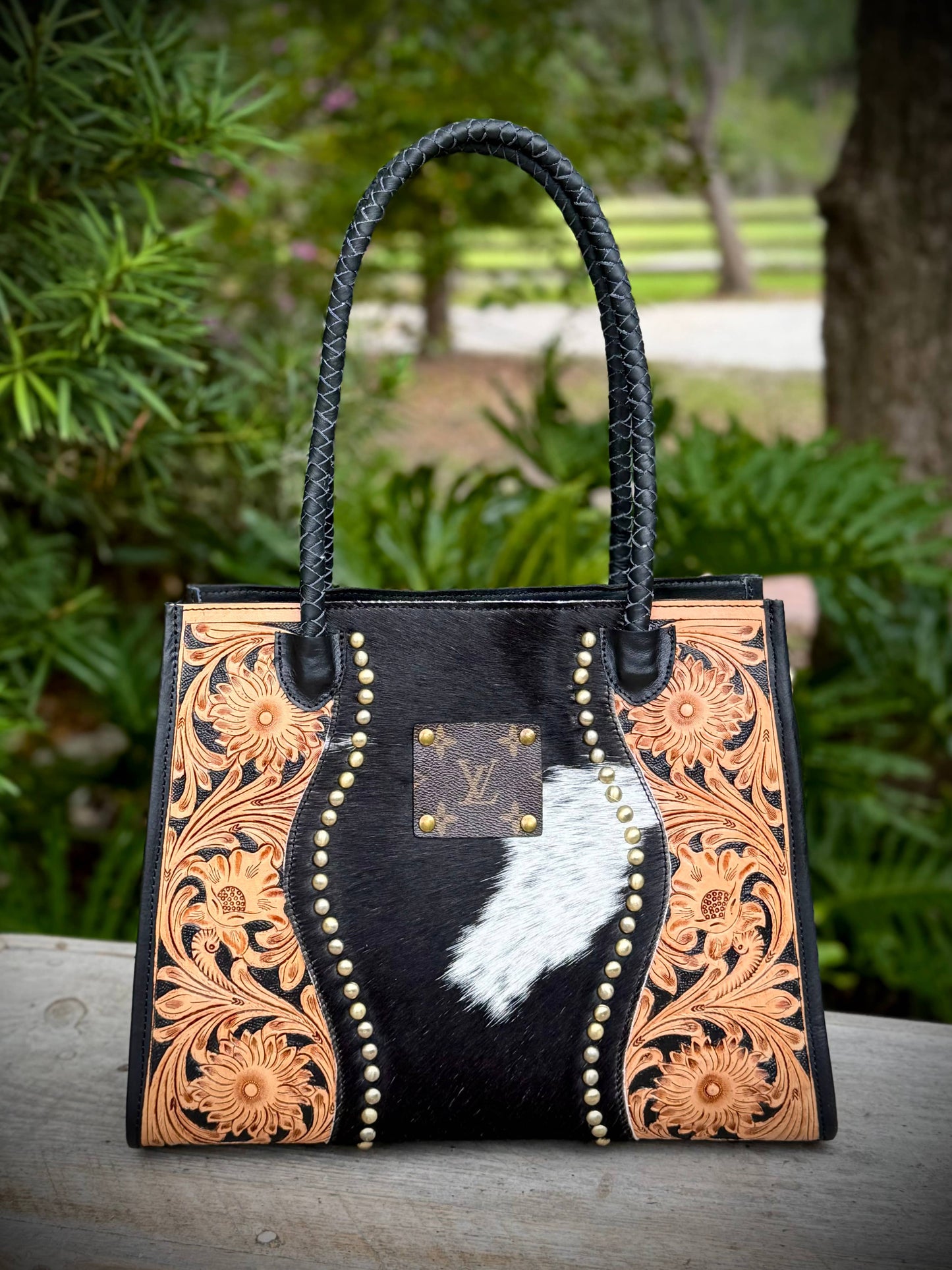 Upcycled Cowhide Tooled Leather Crossbody Shoulder Bag LV