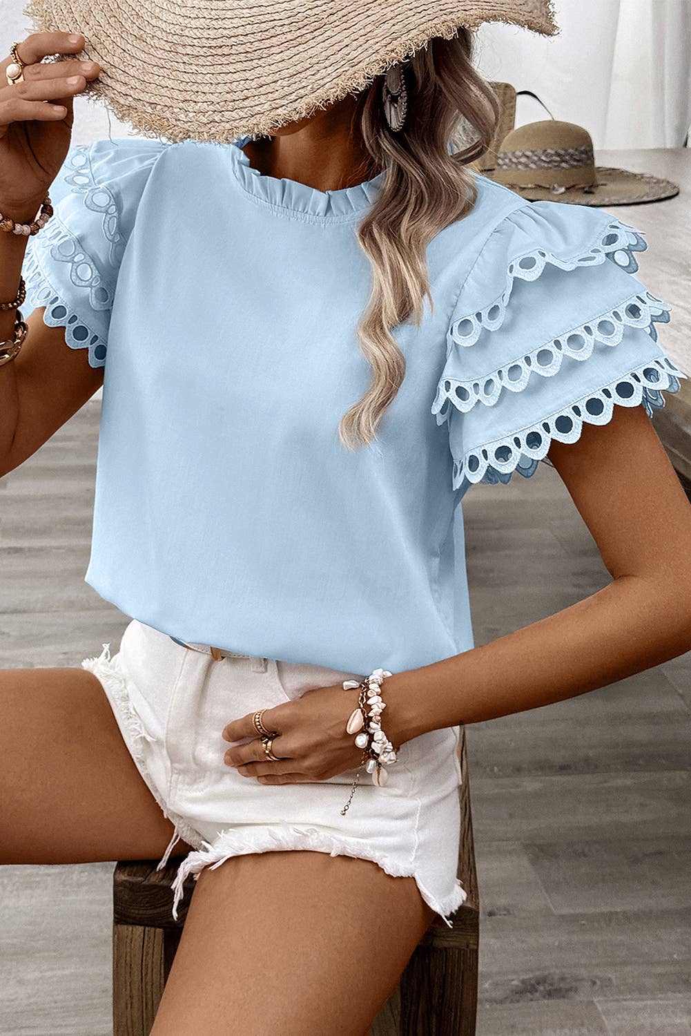 Layered Ric Rac Cap Sleeve Frilled Neck Blouse