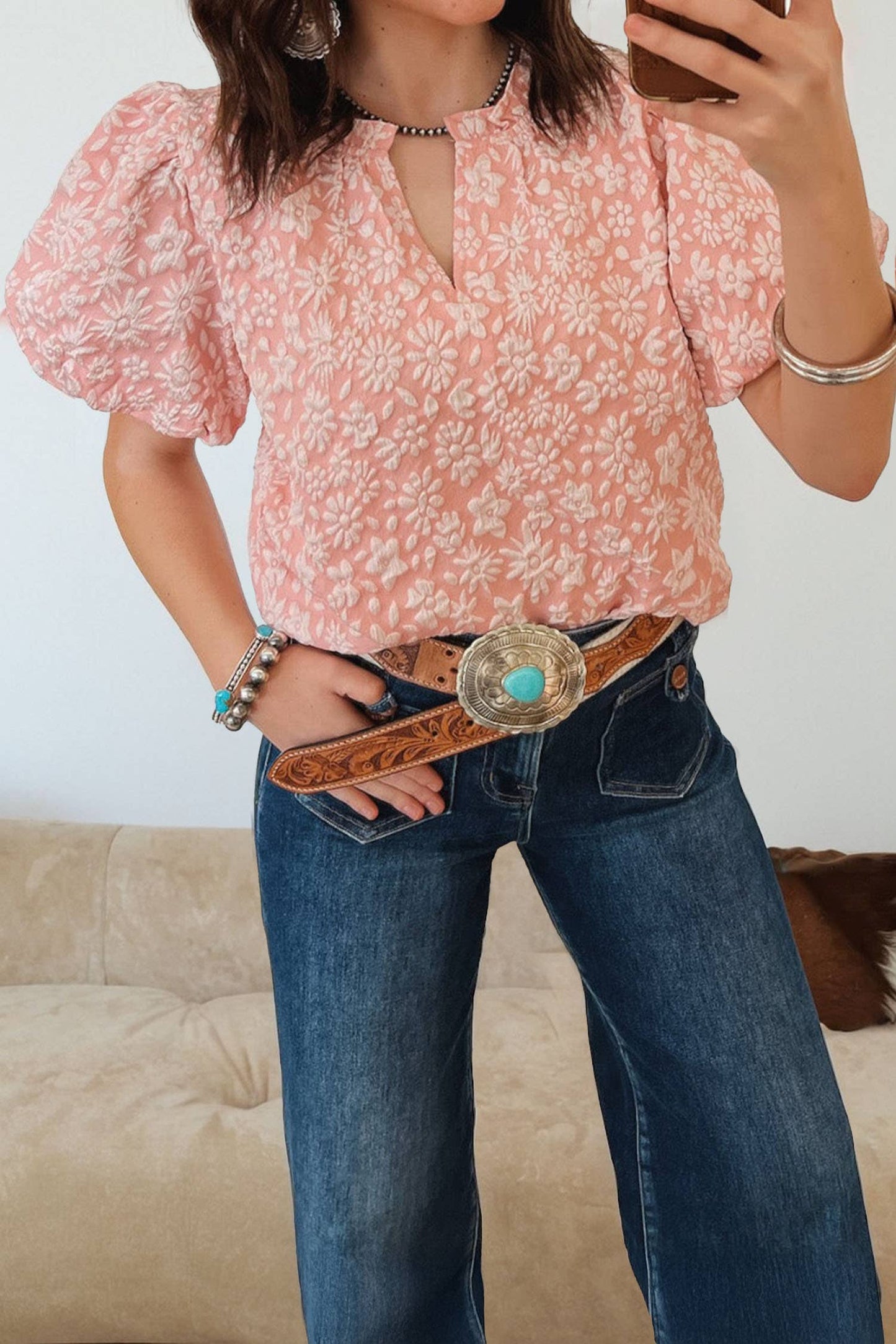 Western Floral Textured V Neck Blouse