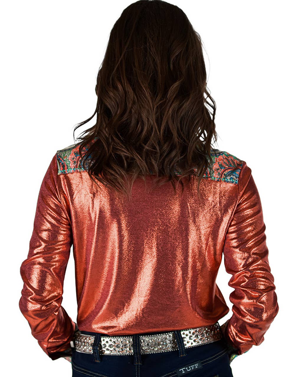 Pullover Button Up Rust Metallic Paisley Stretch Jersey
