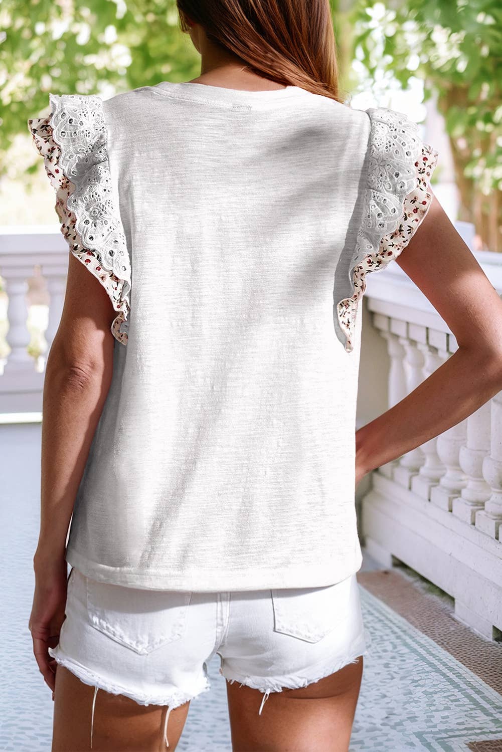 Floral Lace Eyelet Patched Butterfly Sleeve Blouse
