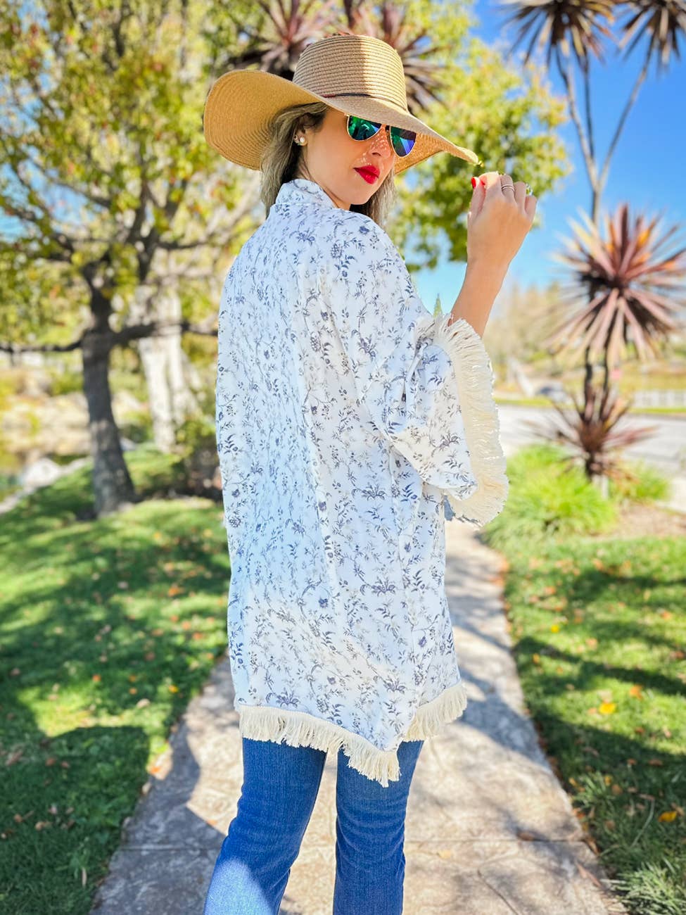 Ivory Boho Floral Printed Kimono with Fringe Trim