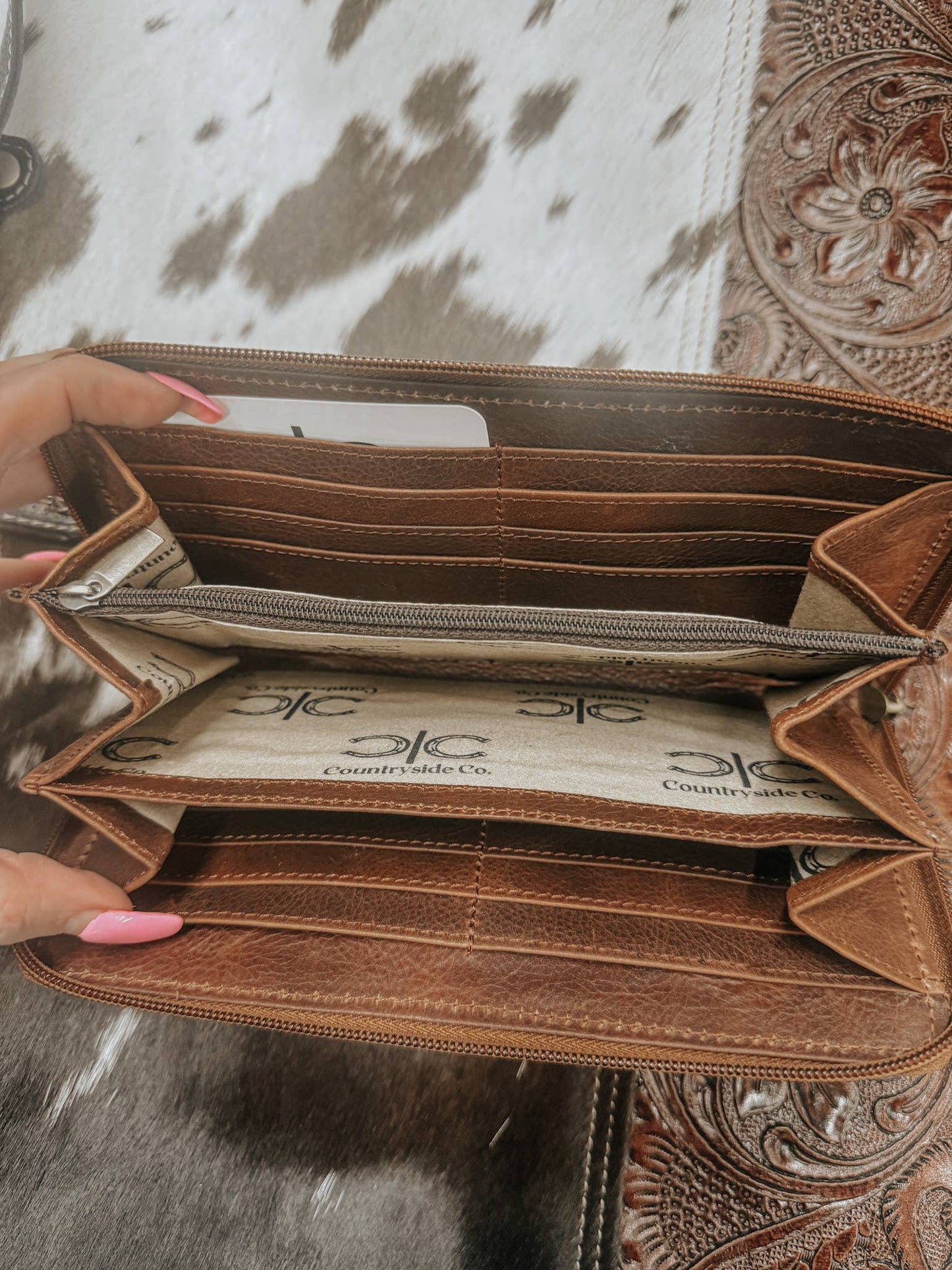 Tooled Leather Cowhide Womens Wallet Clutch