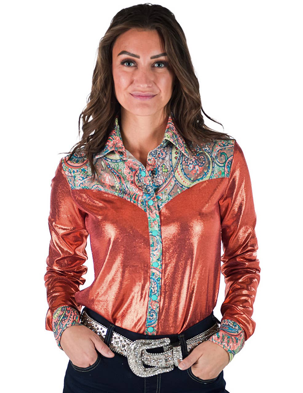 Pullover Button Up Rust Metallic Paisley Stretch Jersey