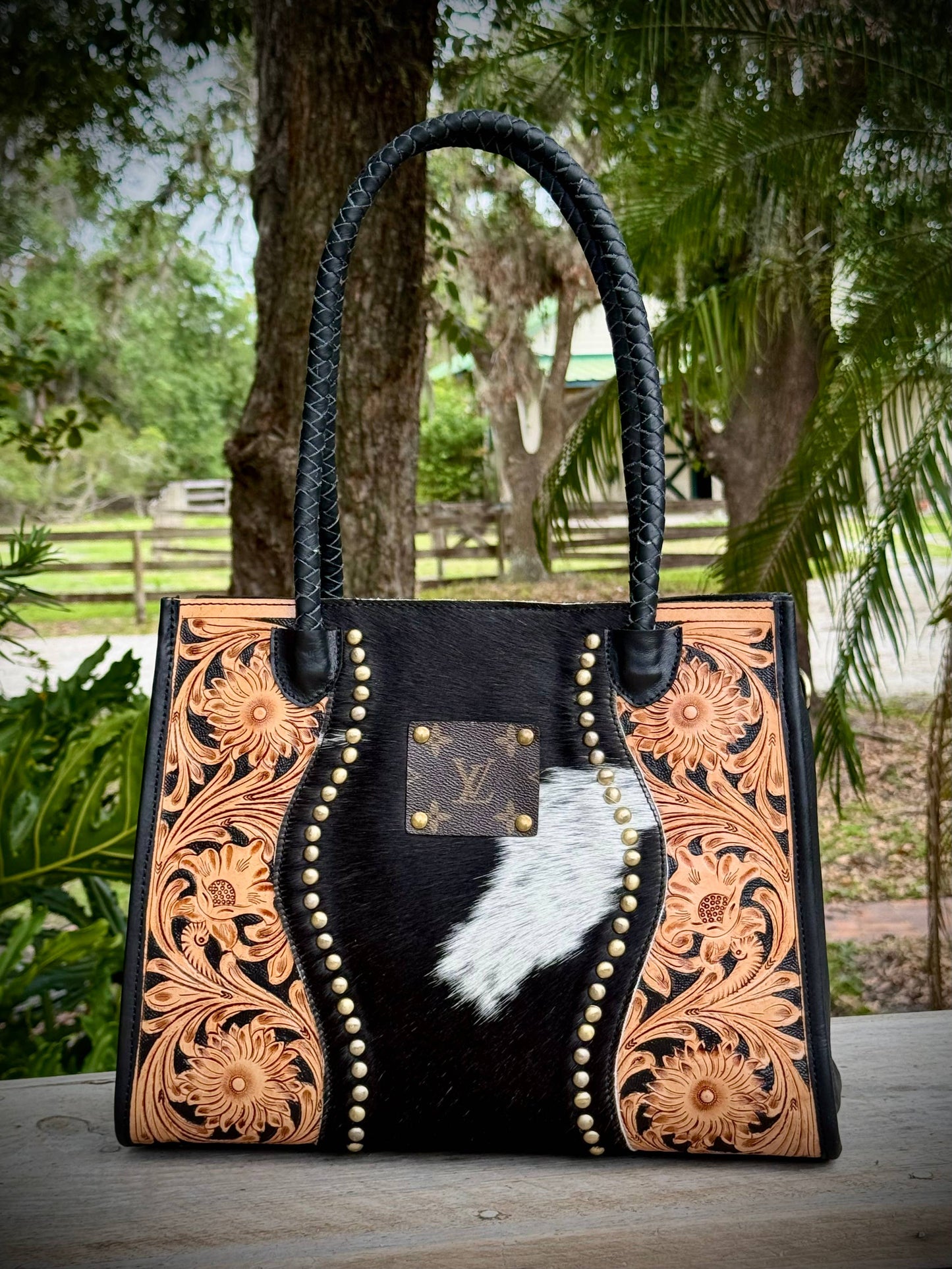 Upcycled Cowhide Tooled Leather Crossbody Shoulder Bag LV