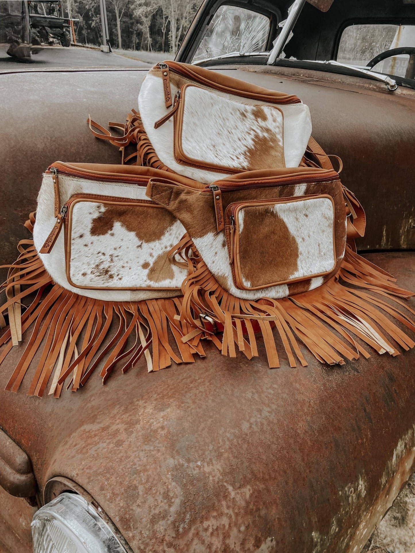 Brown Leather Cowhide Fringe Sling, Festival Bag