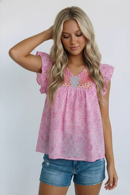 V NECK YOKE EMBROIDERY FLORAL PRINT BLOUSE