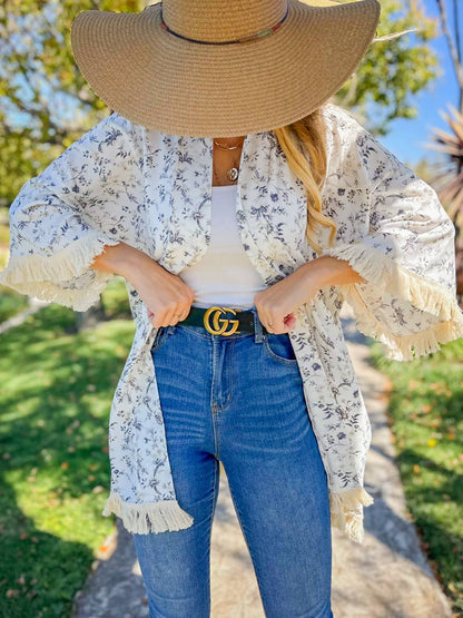 Ivory Boho Floral Printed Kimono with Fringe Trim