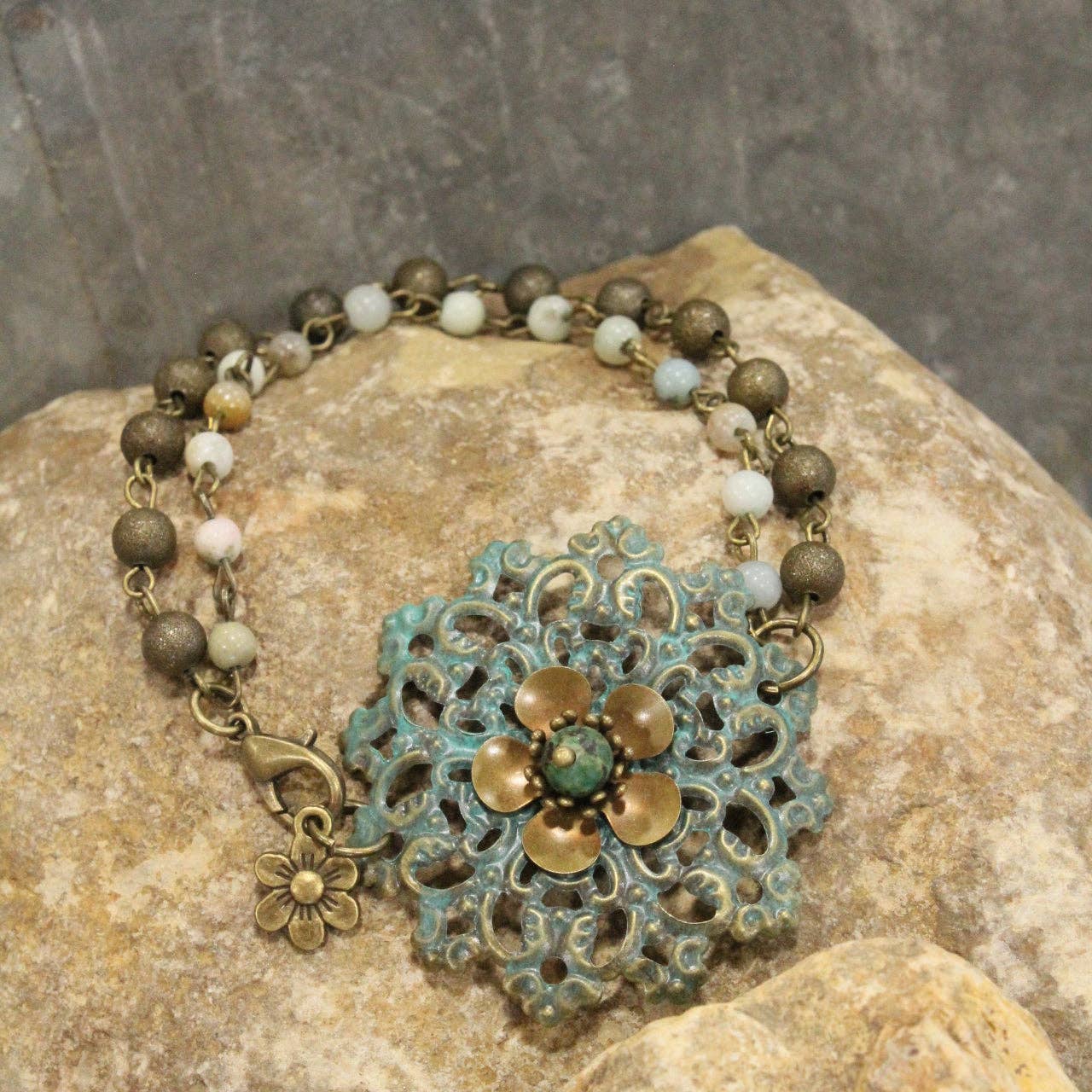 Filigree Bronze Flower & Stone Double Chain Bracelet Set