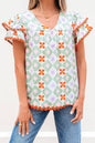 Geometric Floral Flutter Sleeve Summer Blouse