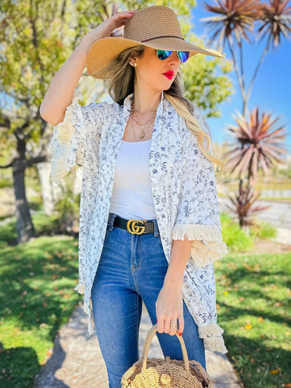 Ivory Boho Floral Printed Kimono with Fringe Trim