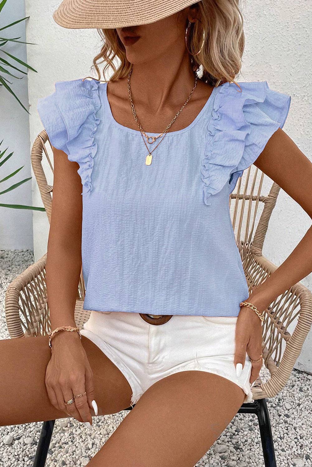 Bow Butterfly Sleeve Textured Summer Blouse