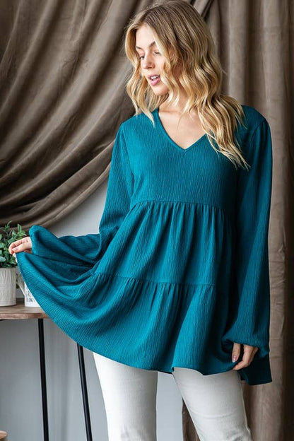 LONG PUFF SLEEVE V NECK SOLID TIERED TOP