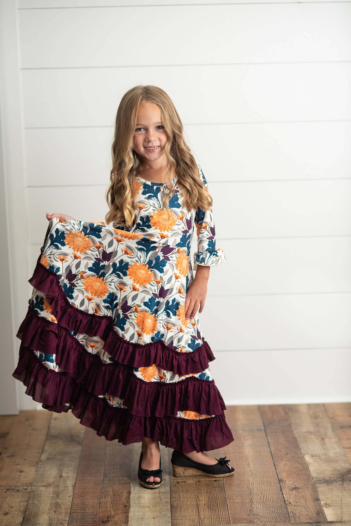 Kids Mustard & Plum Long Sleeve Fall Winter Ruffles Dress