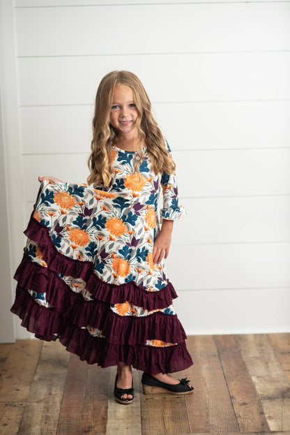 Kids Mustard & Plum Long Sleeve Fall Winter Ruffles Dress