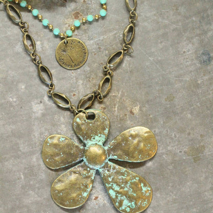 Three Wishes Stone Layered Flower Pendant Necklace