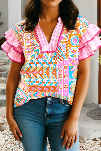 Boho Contrast Trim Striped Patchwork Tiered Blouse|S-4X