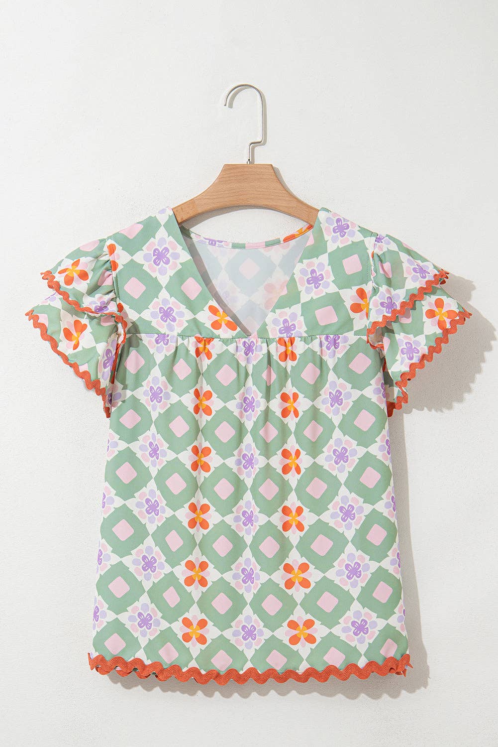 Geometric Floral Flutter Sleeve Summer Blouse