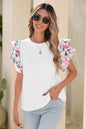 LDC Abstract Print Tiered Ruffled Sleeve Textured Knit Top