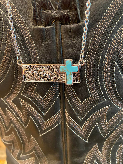 Turquoise Cross Tooled Bar Silver Necklace