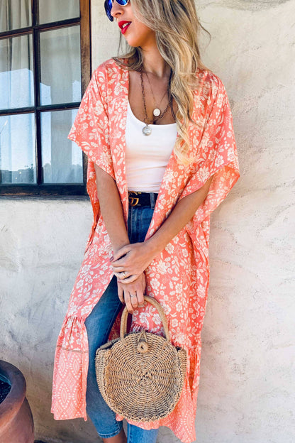 **Peach Boho Floral Ruffle Hem Lightweight Maxi Kimono CoverUp
