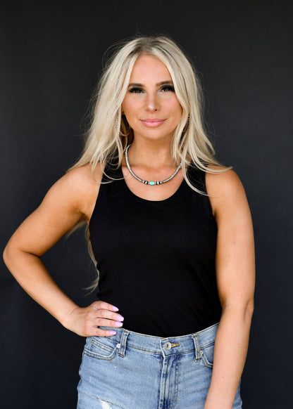 16" Silver Disc Beaded Necklace with Green Turquoise