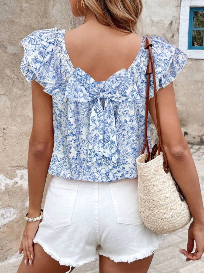Floral Ruffled Sleeve Square Neck Bow Back Top