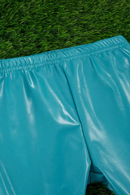 TEAL BLUE FAUX LEATHER DOUBLE LAYER BELL PANTS