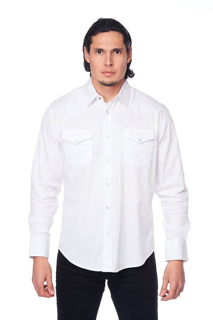 Men's Western Solid Twill Long Sleeves Snap Button Shirt