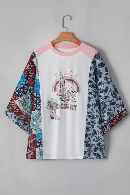Asymmetric Patchwork Sleeve Peace Desert Graphic Tee