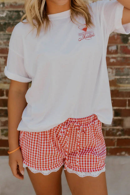 Red Gingham Plaid Tie Elastic Waist Lace Patchwork Hem Casual Shorts