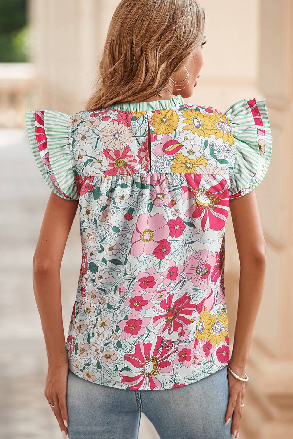 Floral Print Contrast Ruffle Trim Short Sleeve Blouse