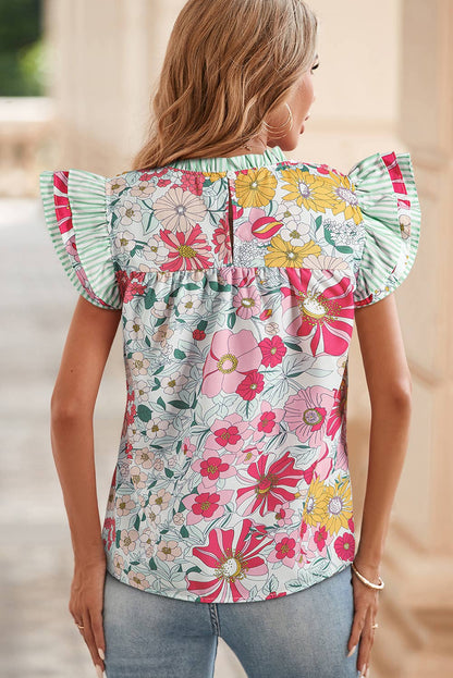 Floral Print Contrast Ruffle Trim Short Sleeve Blouse