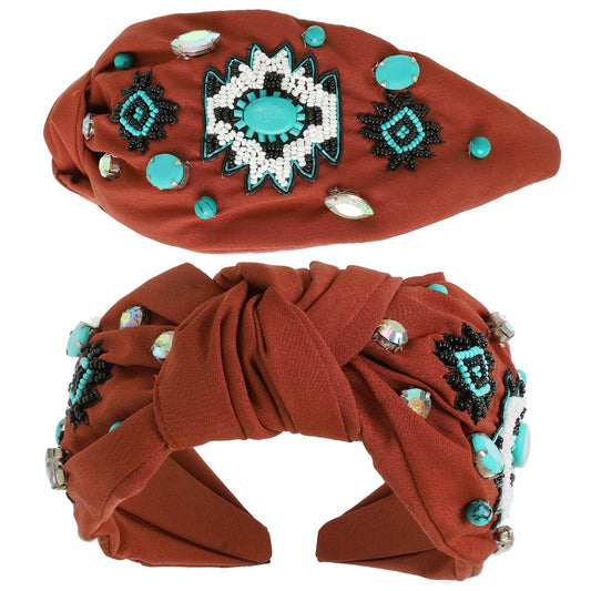 Western Aztec Design Top Knotted Beaded Headband