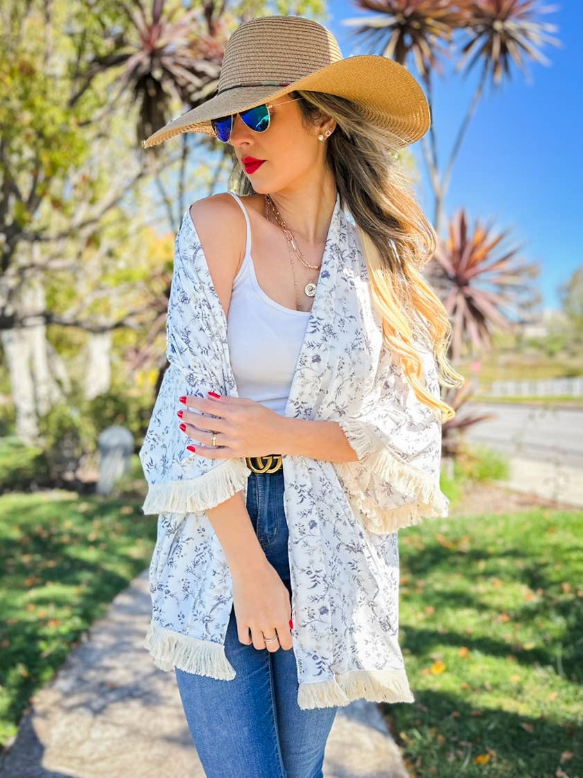 Ivory Boho Floral Printed Kimono with Fringe Trim