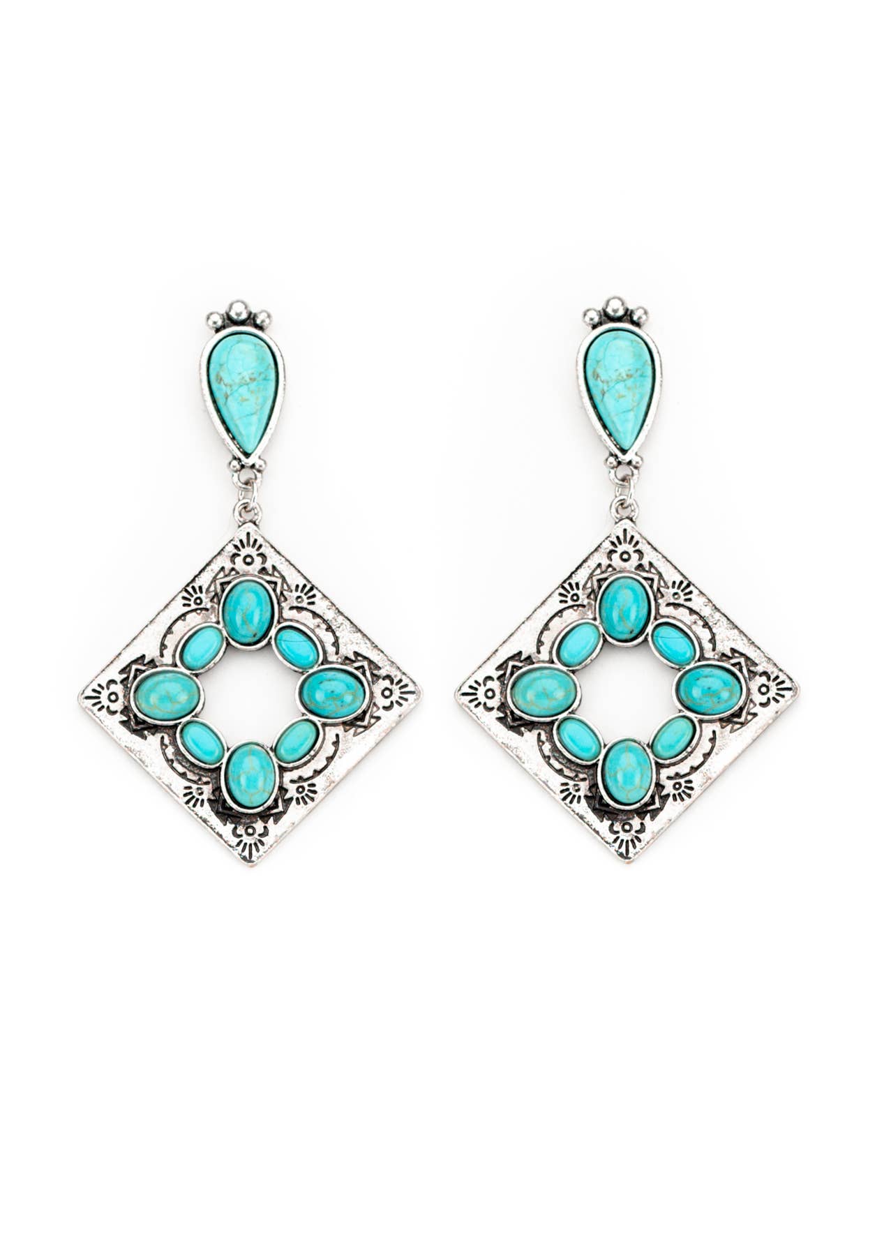 Burnished Silver Diamond Shaped Post Earring w/ Turq