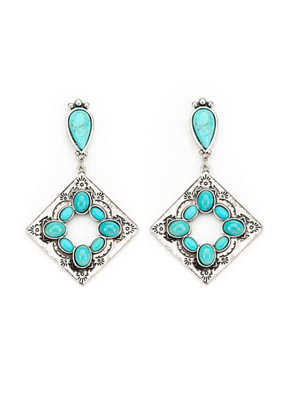 Burnished Silver Diamond Shaped Post Earring w/ Turq