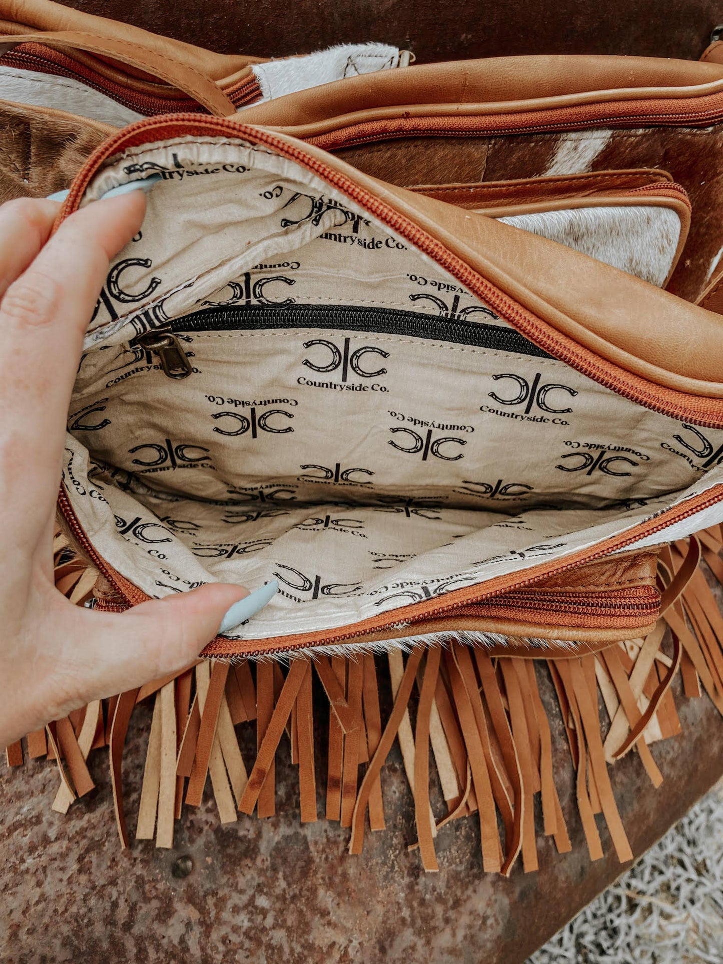 Brown Leather Cowhide Fringe Sling, Festival Bag