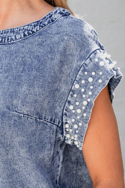 014 Kelly Acid Wash Pearl Embellishments Denim Top