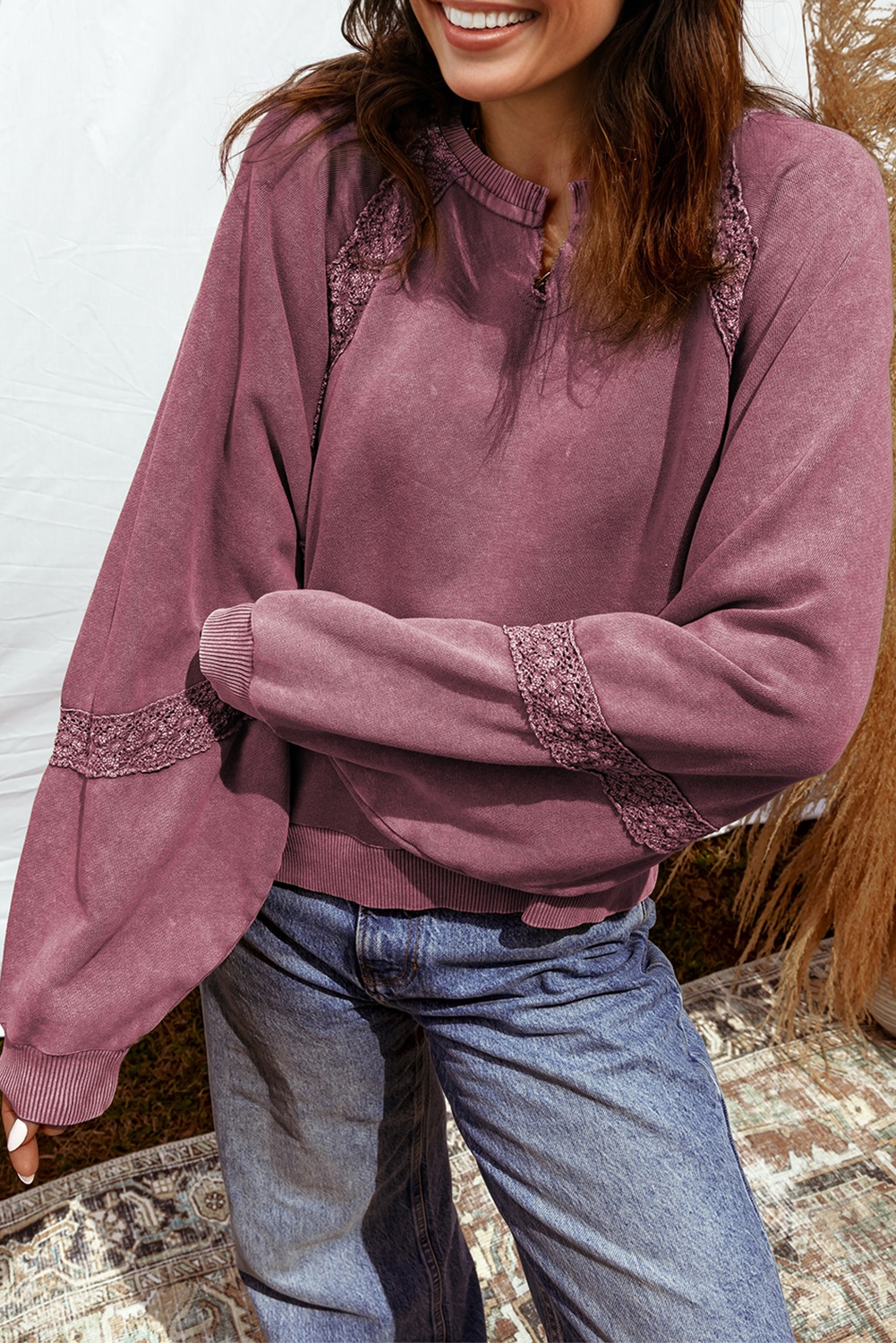 Solid Dahlia Lace Patchwork Mineral Wash Baggy Sweatshirt