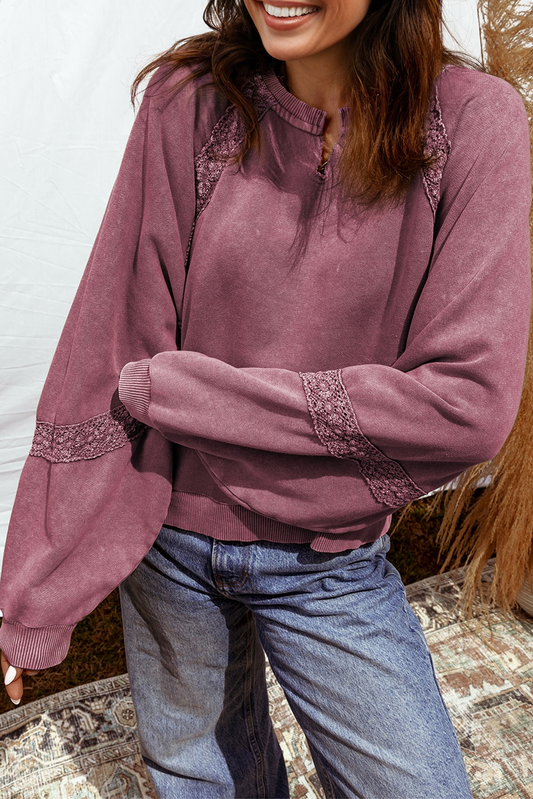 Solid Dahlia Lace Patchwork Mineral Wash Baggy Sweatshirt