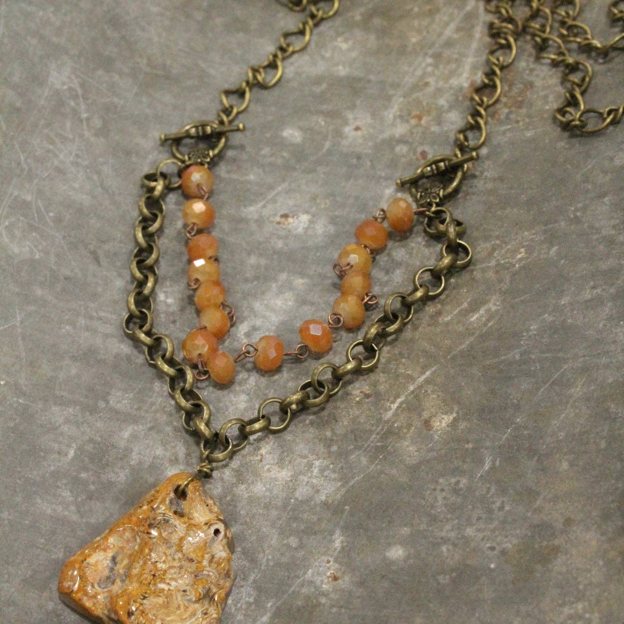 Raw Stone Pendant  Butterscotch Layered  Necklace