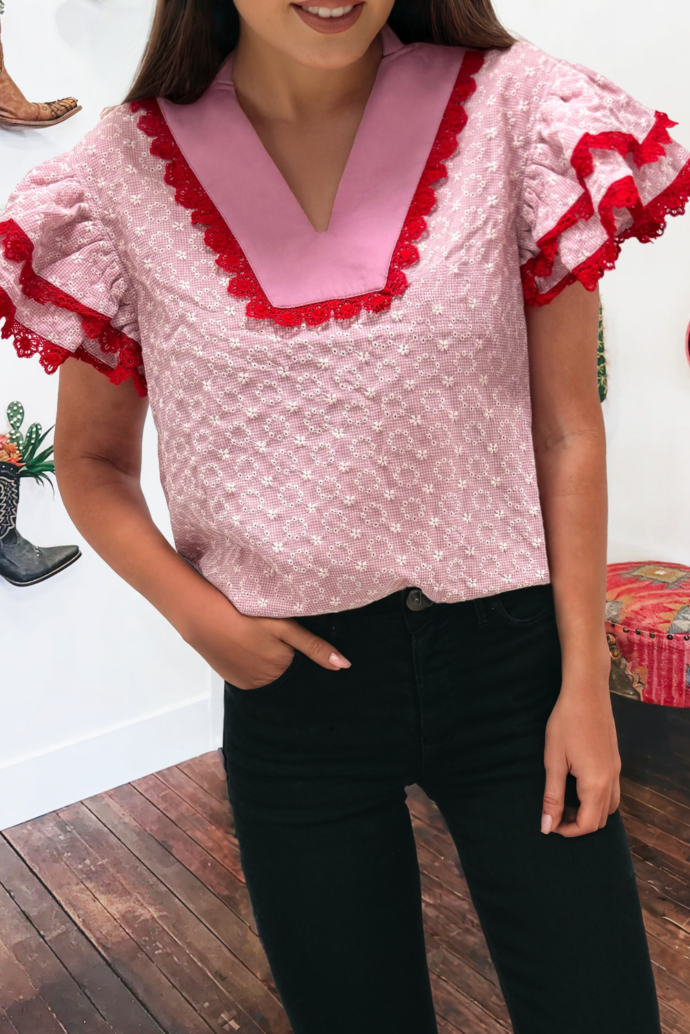 Eyelet Embroidered Texture Lace Trim Flutter Sleeve Blouse