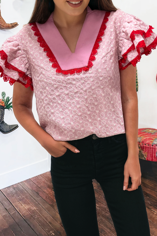 Eyelet Embroidered Texture Lace Trim Flutter Sleeve Blouse