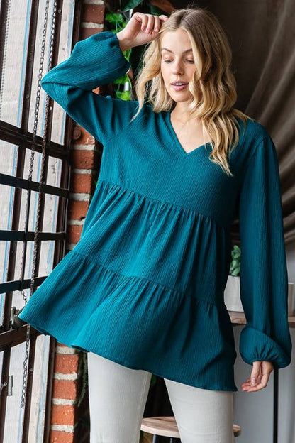 LONG PUFF SLEEVE V NECK SOLID TIERED TOP