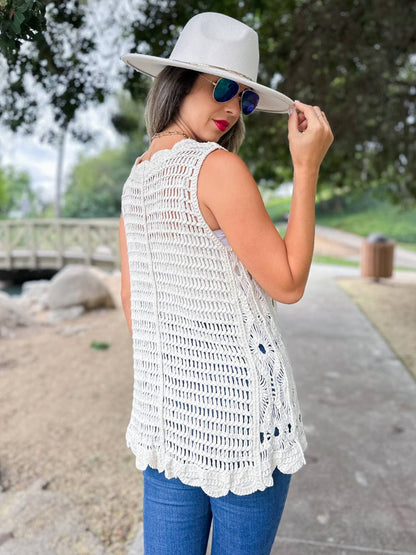 Ivory Boho Floral Crochet Open Front Vest with Tie