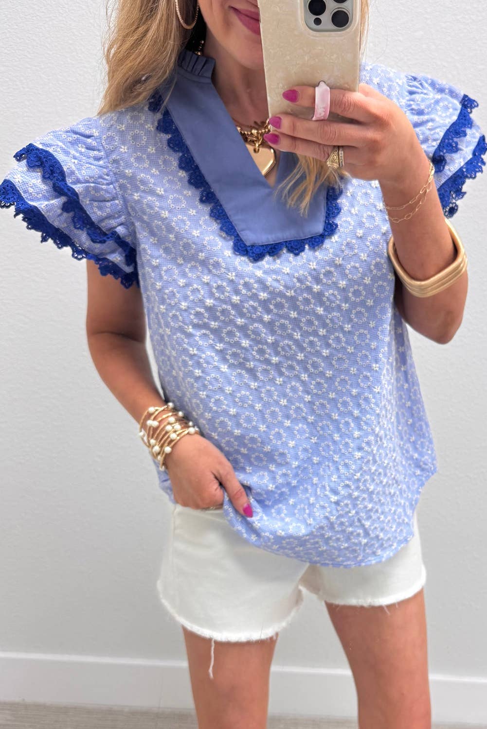 Eyelet Embroidered Texture Lace Trim Flutter Sleeve Blouse