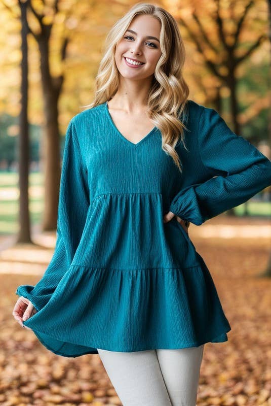 LONG PUFF SLEEVE V NECK SOLID TIERED TOP